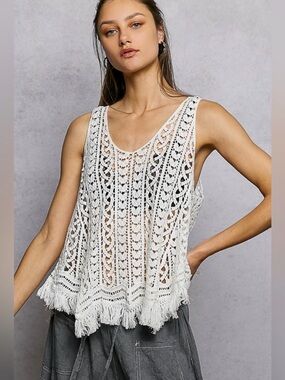 POL crochet fringe hem tank top summer festival rodeo vacation beachy boho